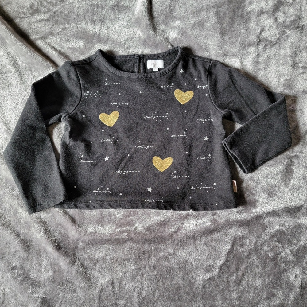 BCBG Girls Keyhole Sweatshirt Kids 4T Black Excellent Gold Glitter Hearts 757